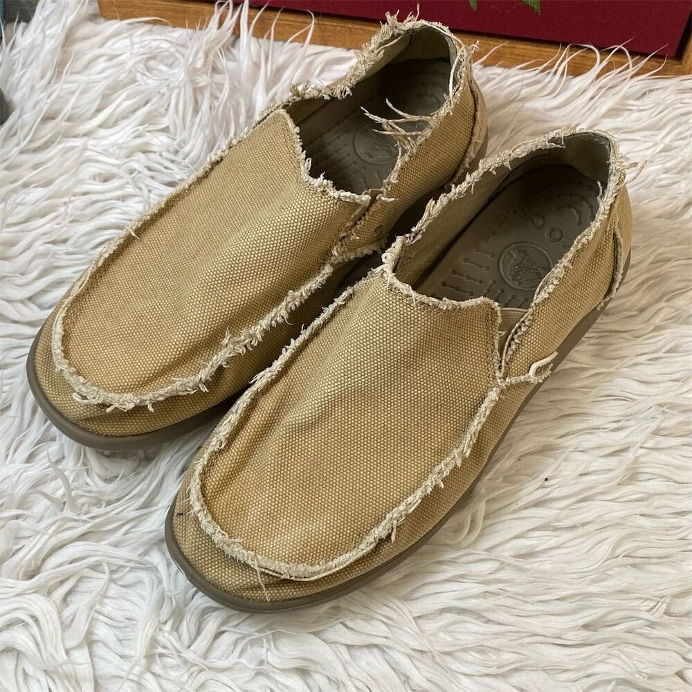 Crocs Men's Santa Cruz Beige Canvas Slip-On Loafers Size 9 Casual